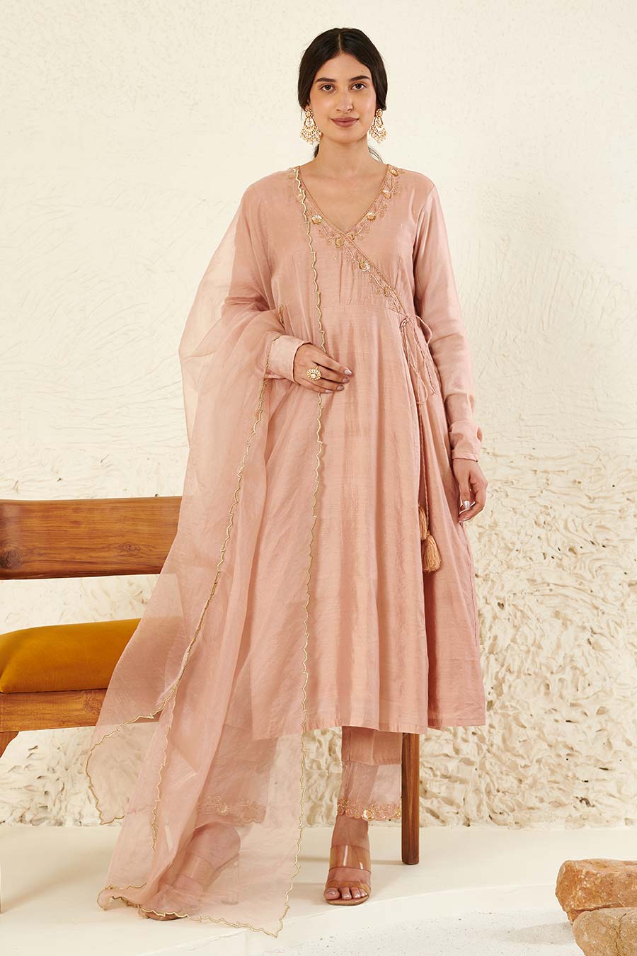 Peach Embroidered Angrakha Set