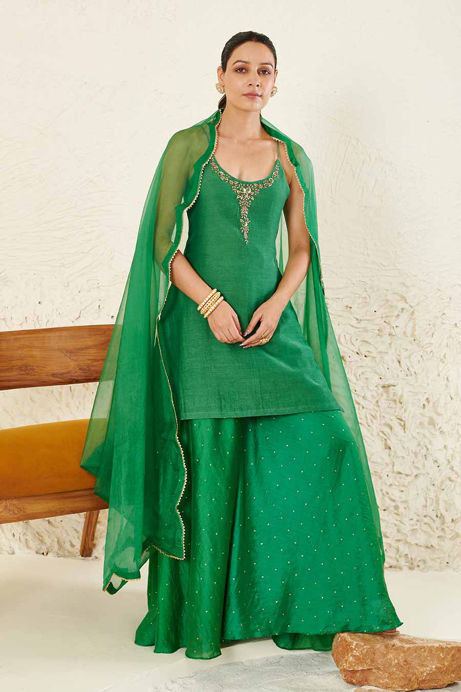 Green Embroidered Gharara Set