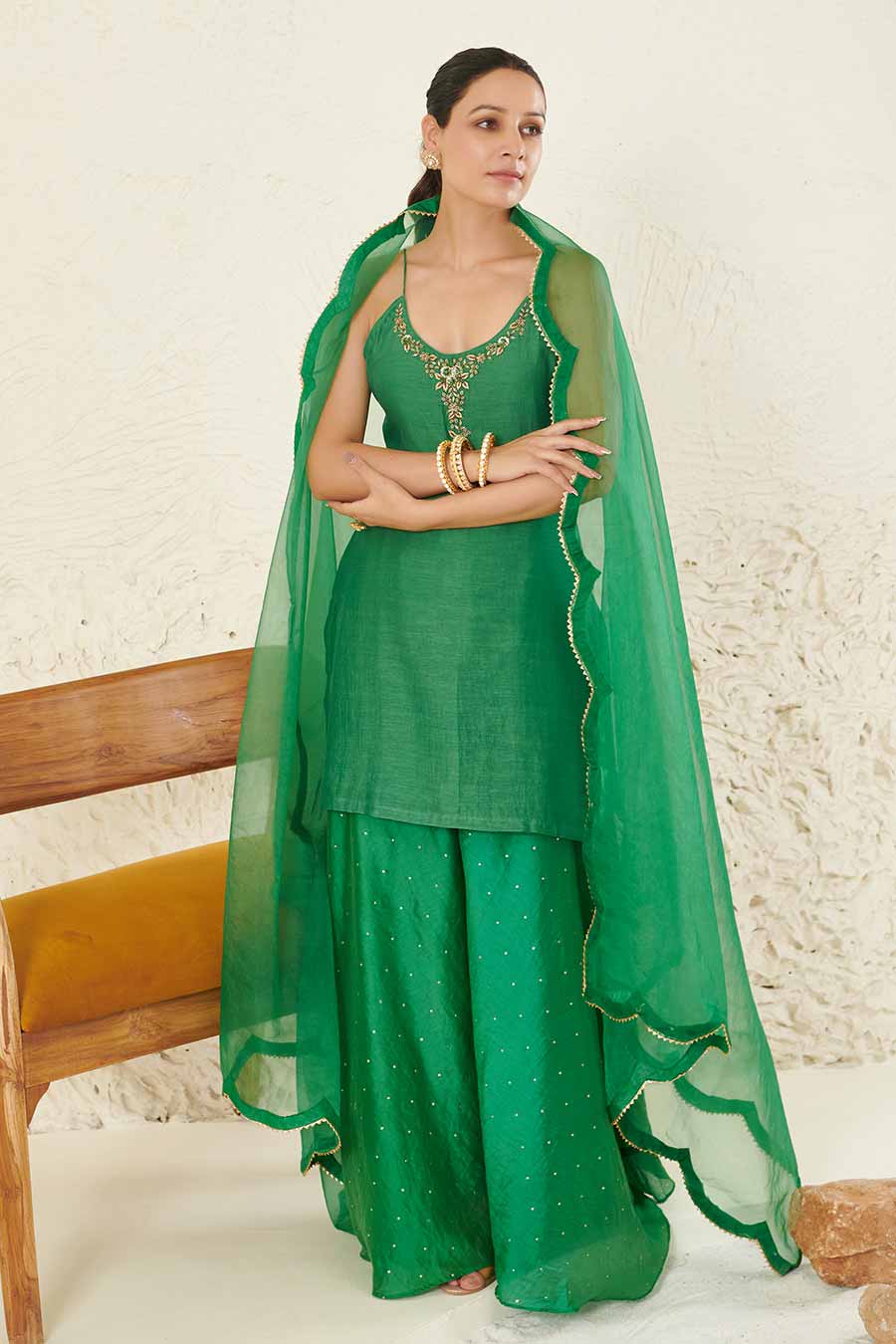 Green Embroidered Gharara Set