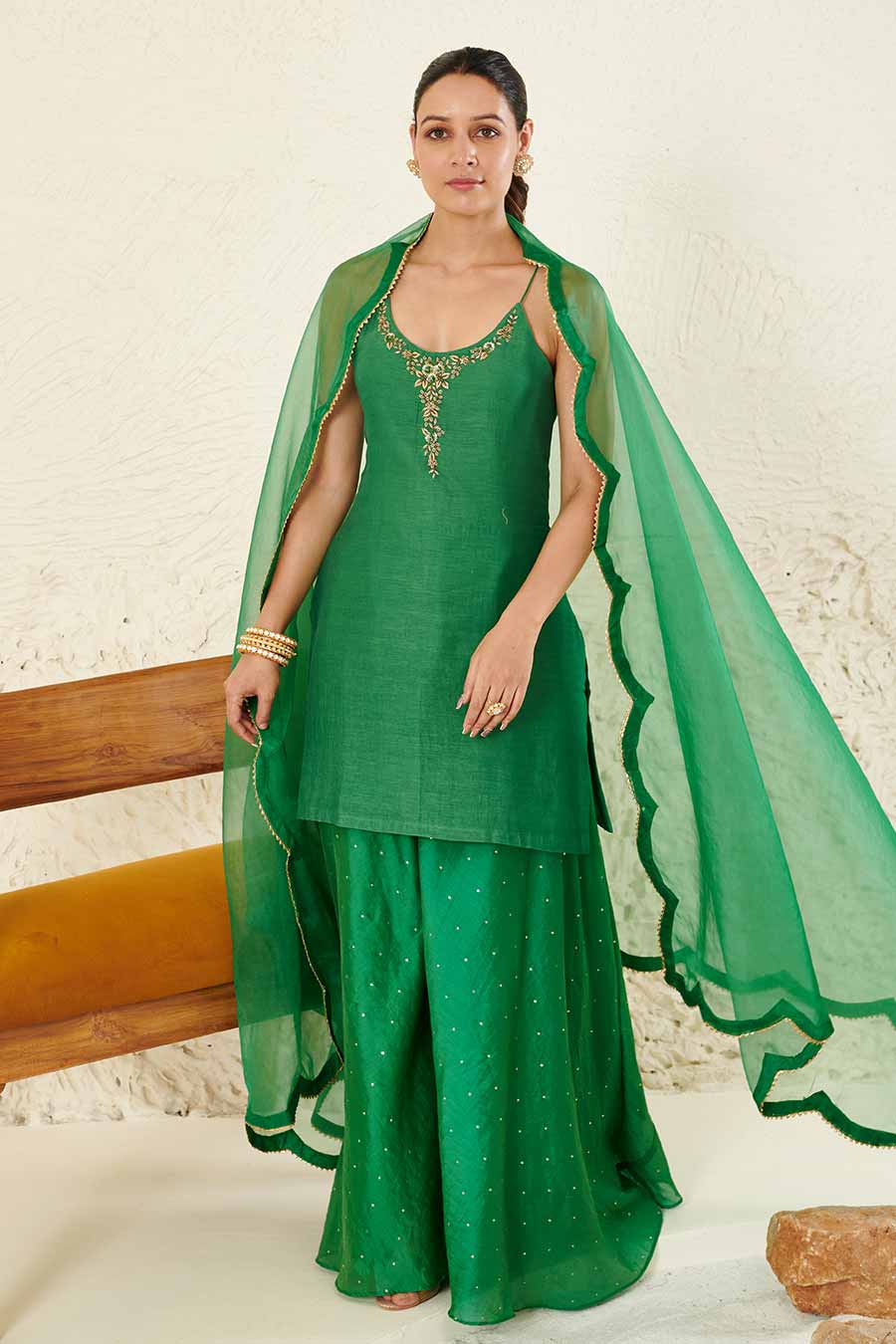 Green Embroidered Gharara Set