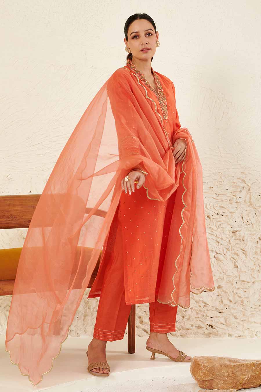 Orange Embroidered Kurta Set