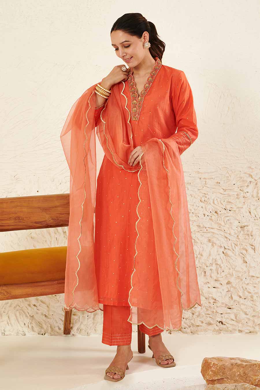 Orange Embroidered Kurta Set