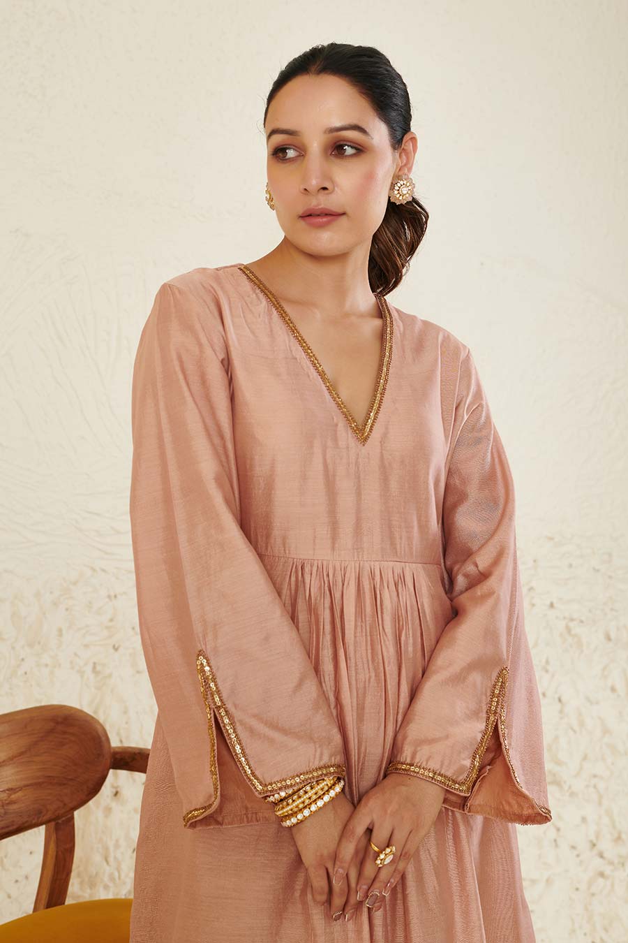 Peach Embroidered Kurta & Pant Set