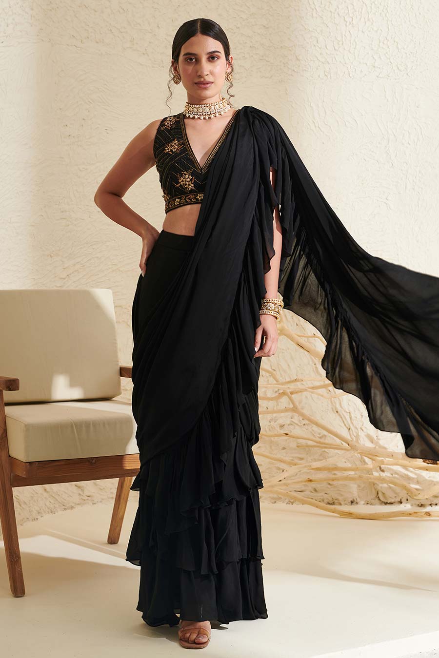 Black Embroidered Blouse & Ruffle Pre-Stitched Saree Set