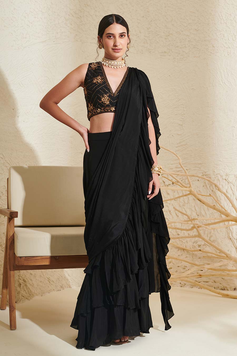 Black Embroidered Blouse & Ruffle Pre-Stitched Saree Set