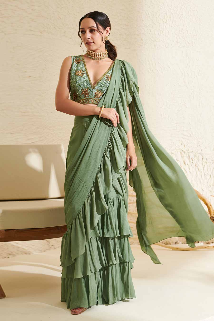 Sage Embroidered Blouse & Ruffle Pre-Stitched Saree Set
