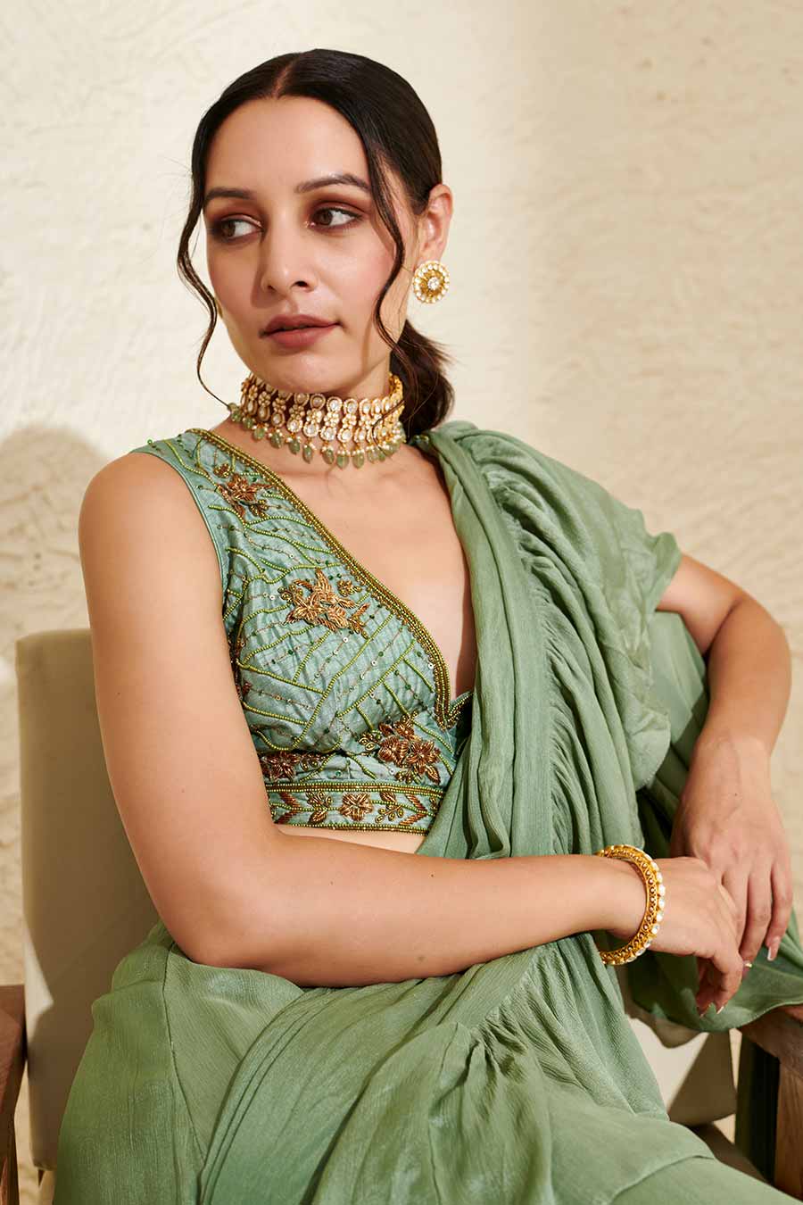 Sage Embroidered Blouse & Ruffle Pre-Stitched Saree Set