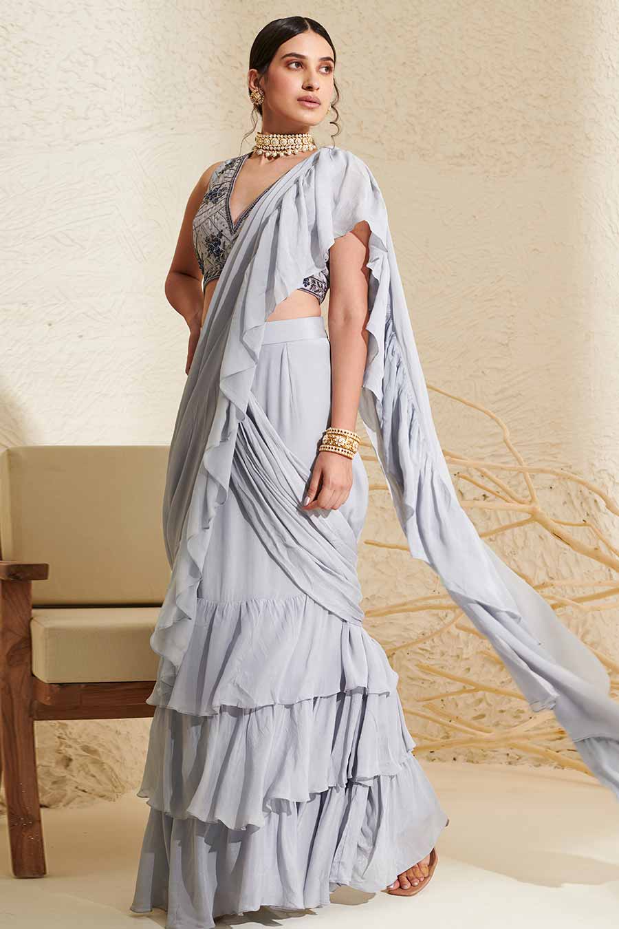 Grey Embroidered Blouse & Ruffle Pre-Stitched Saree Set
