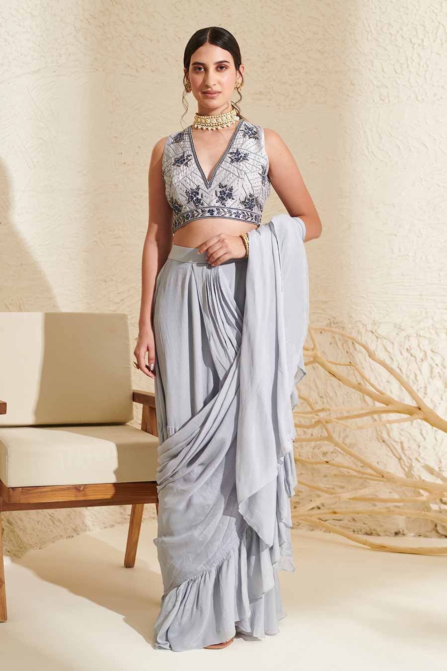 Grey Embroidered Blouse & Ruffle Pre-Stitched Saree Set