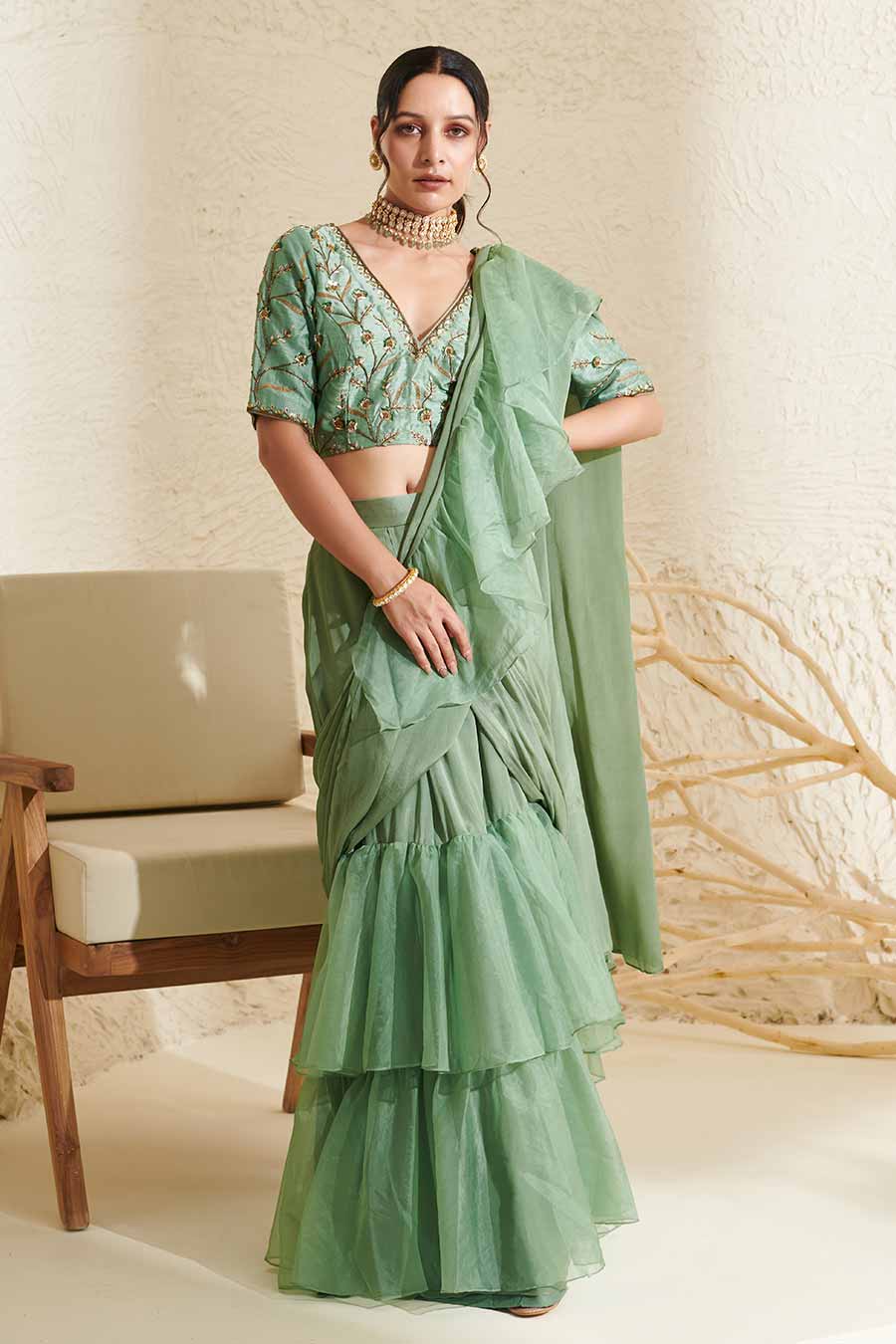 Sage Embroidered Blouse & Organza Ruffle Pre-Stitched Saree Set