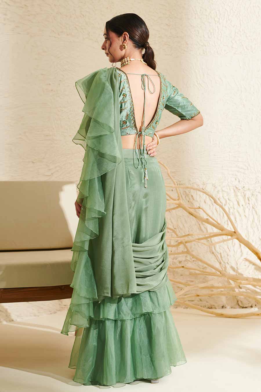 Sage Embroidered Blouse & Organza Ruffle Pre-Stitched Saree Set