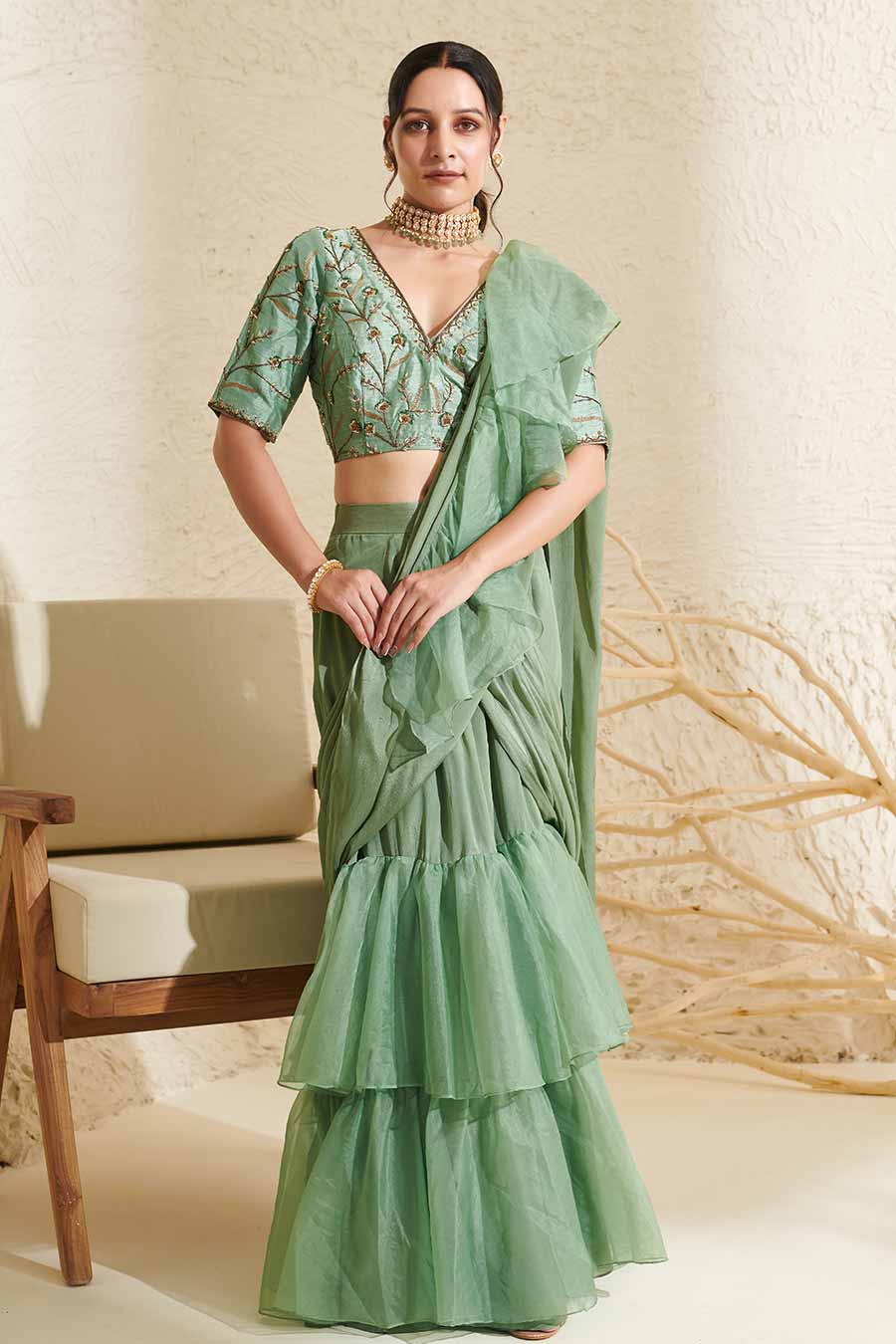 Sage Embroidered Blouse & Organza Ruffle Pre-Stitched Saree Set