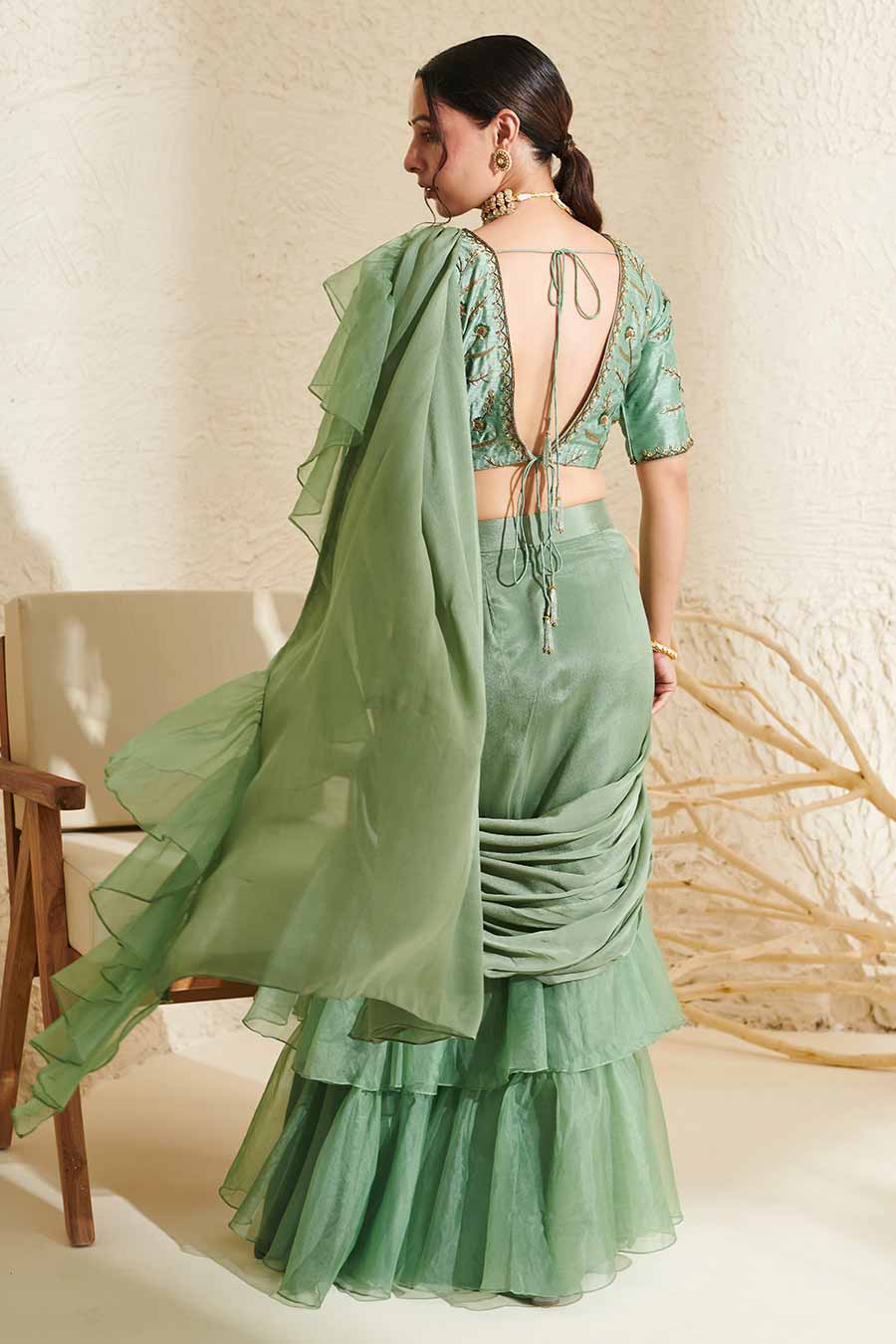 Sage Embroidered Blouse & Organza Ruffle Pre-Stitched Saree Set