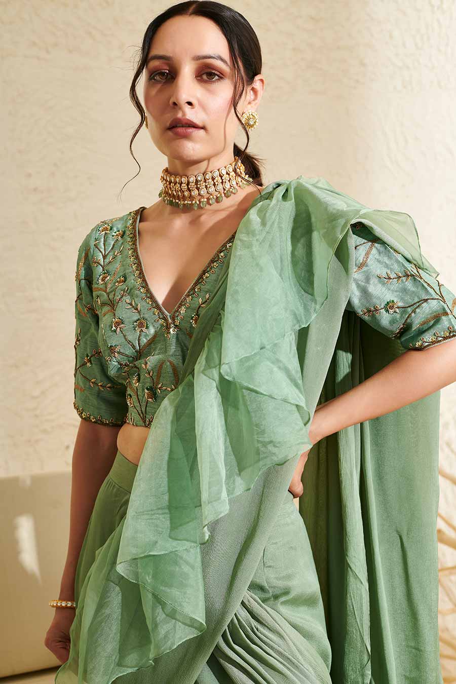 Sage Embroidered Blouse & Organza Ruffle Pre-Stitched Saree Set