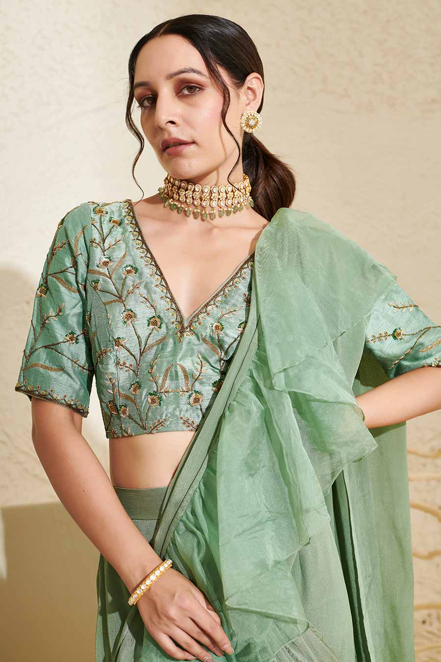 Sage Embroidered Blouse & Organza Ruffle Pre-Stitched Saree Set