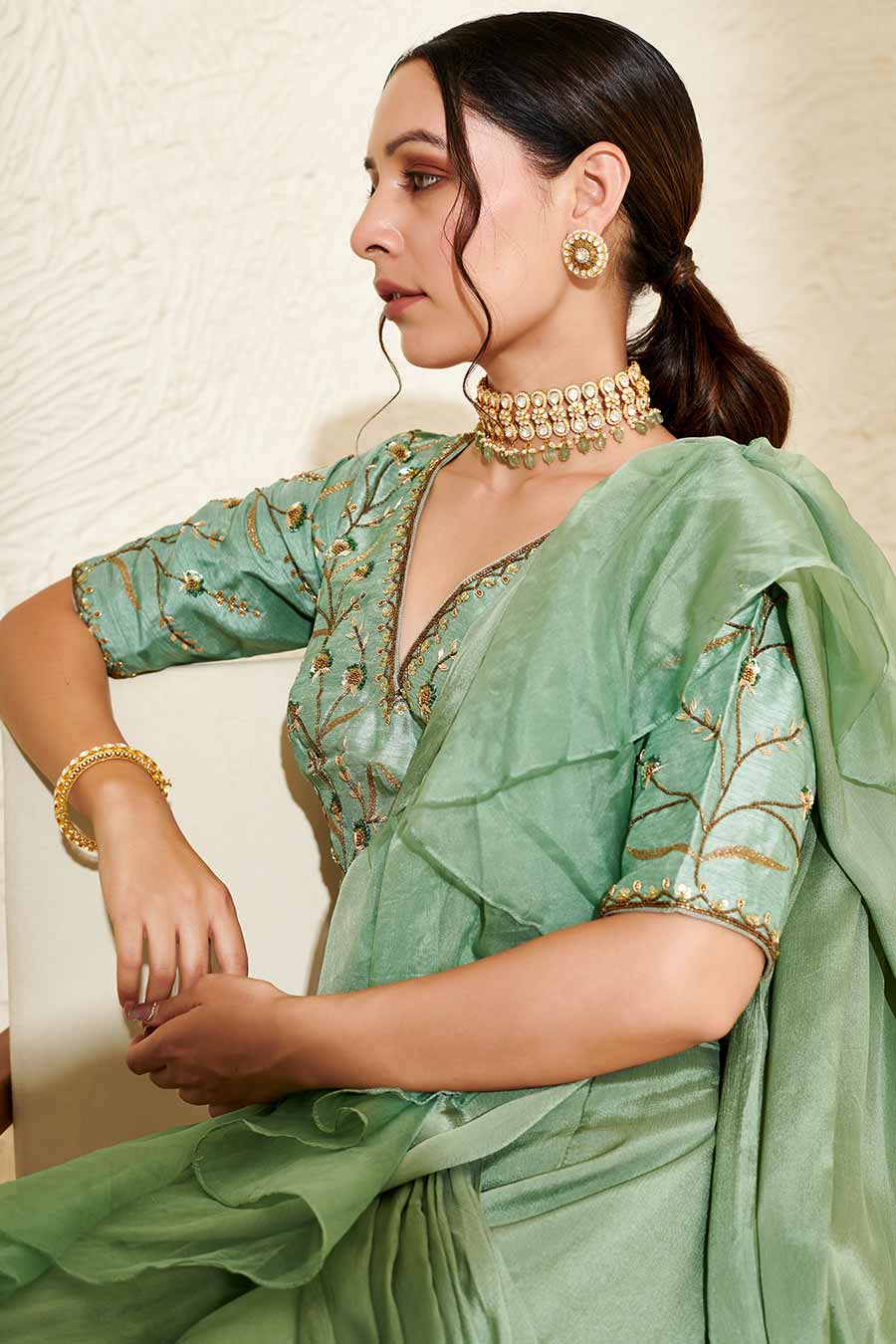 Sage Embroidered Blouse & Organza Ruffle Pre-Stitched Saree Set