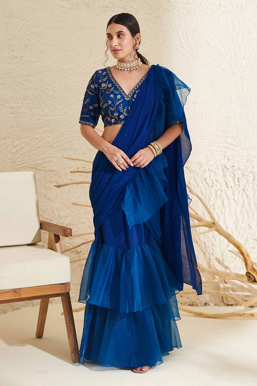 Blue Embroidered Blouse & Organza Ruffle Pre-Stitched Saree Set