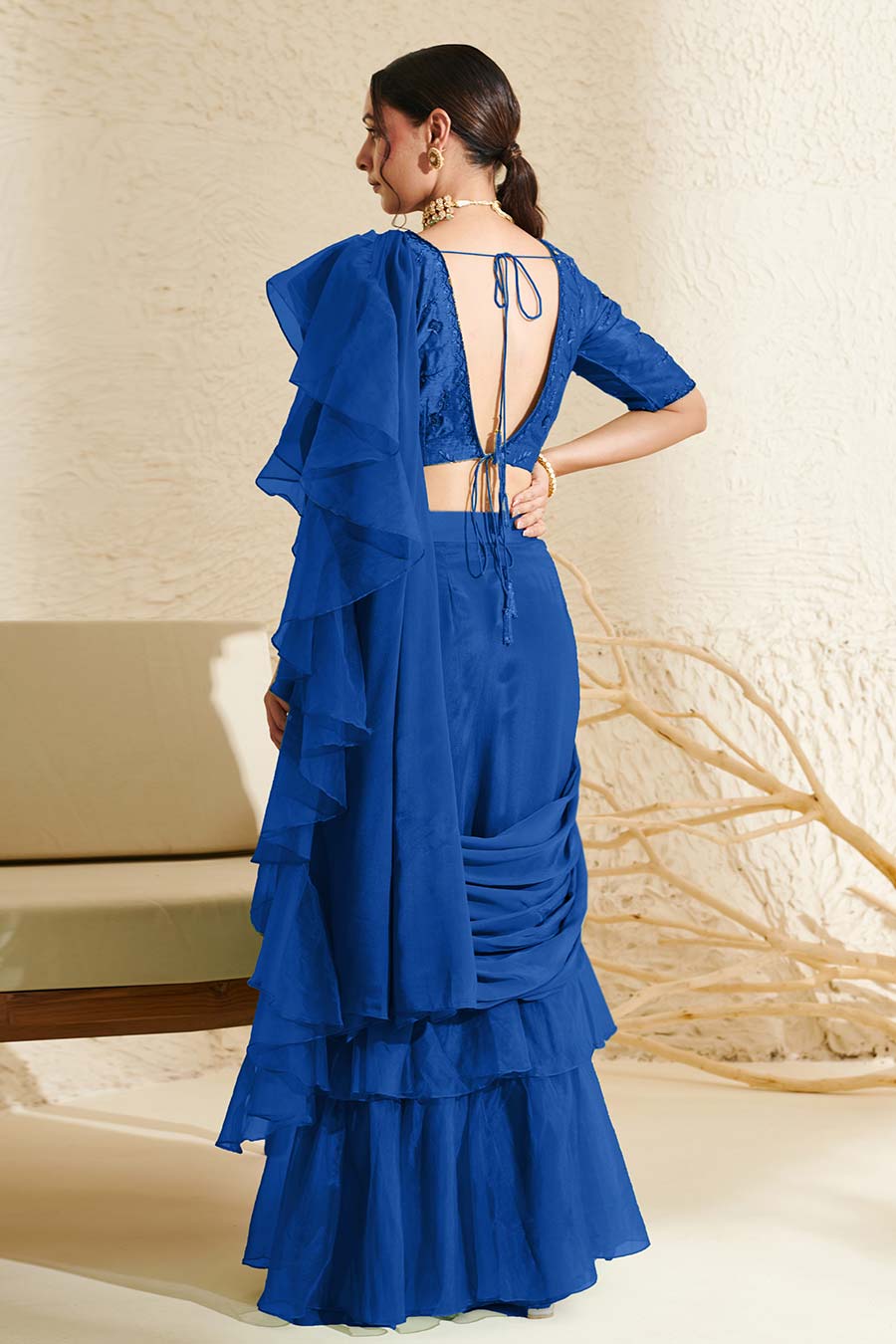 Blue Embroidered Blouse & Organza Ruffle Pre-Stitched Saree Set