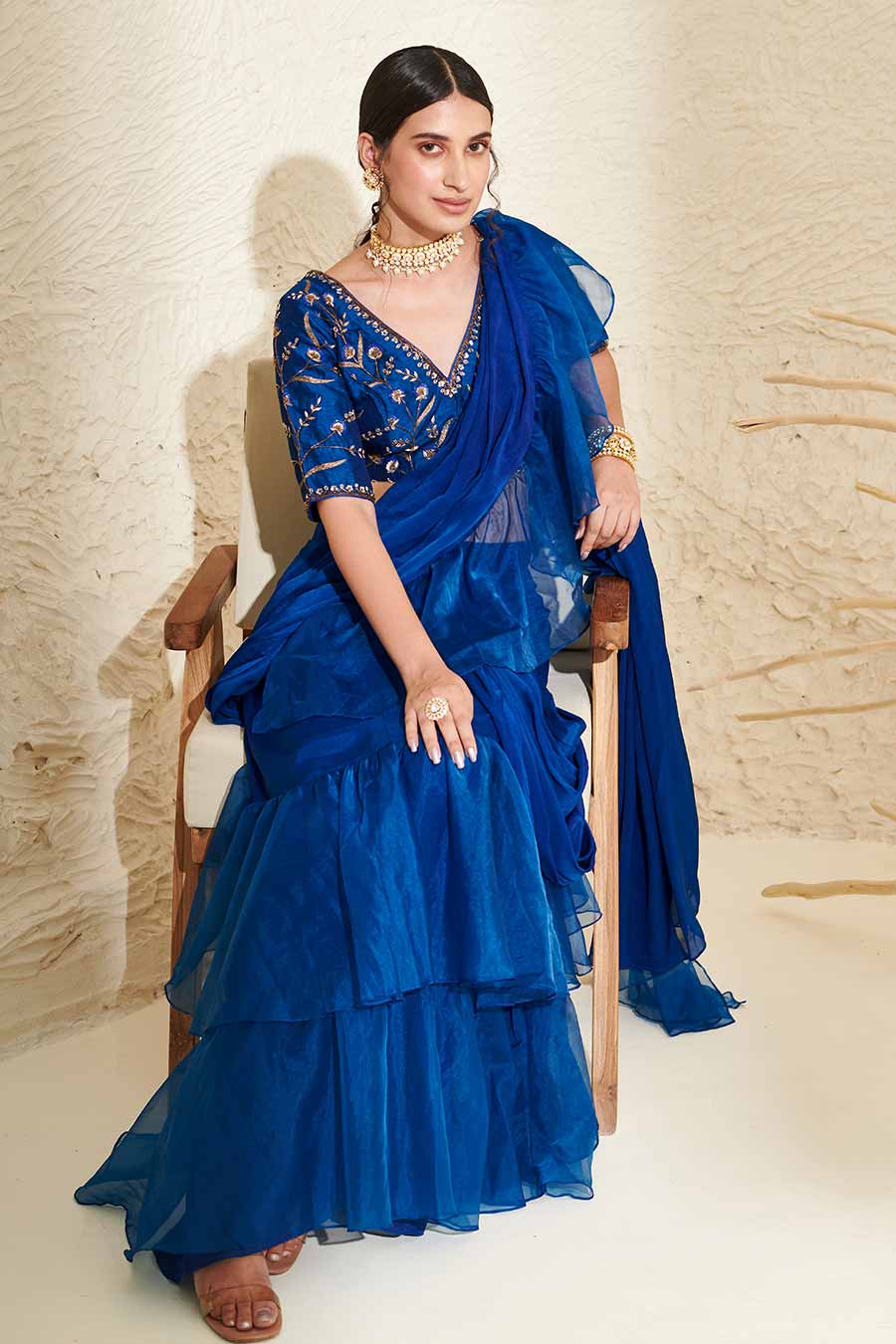 Blue Embroidered Blouse & Organza Ruffle Pre-Stitched Saree Set