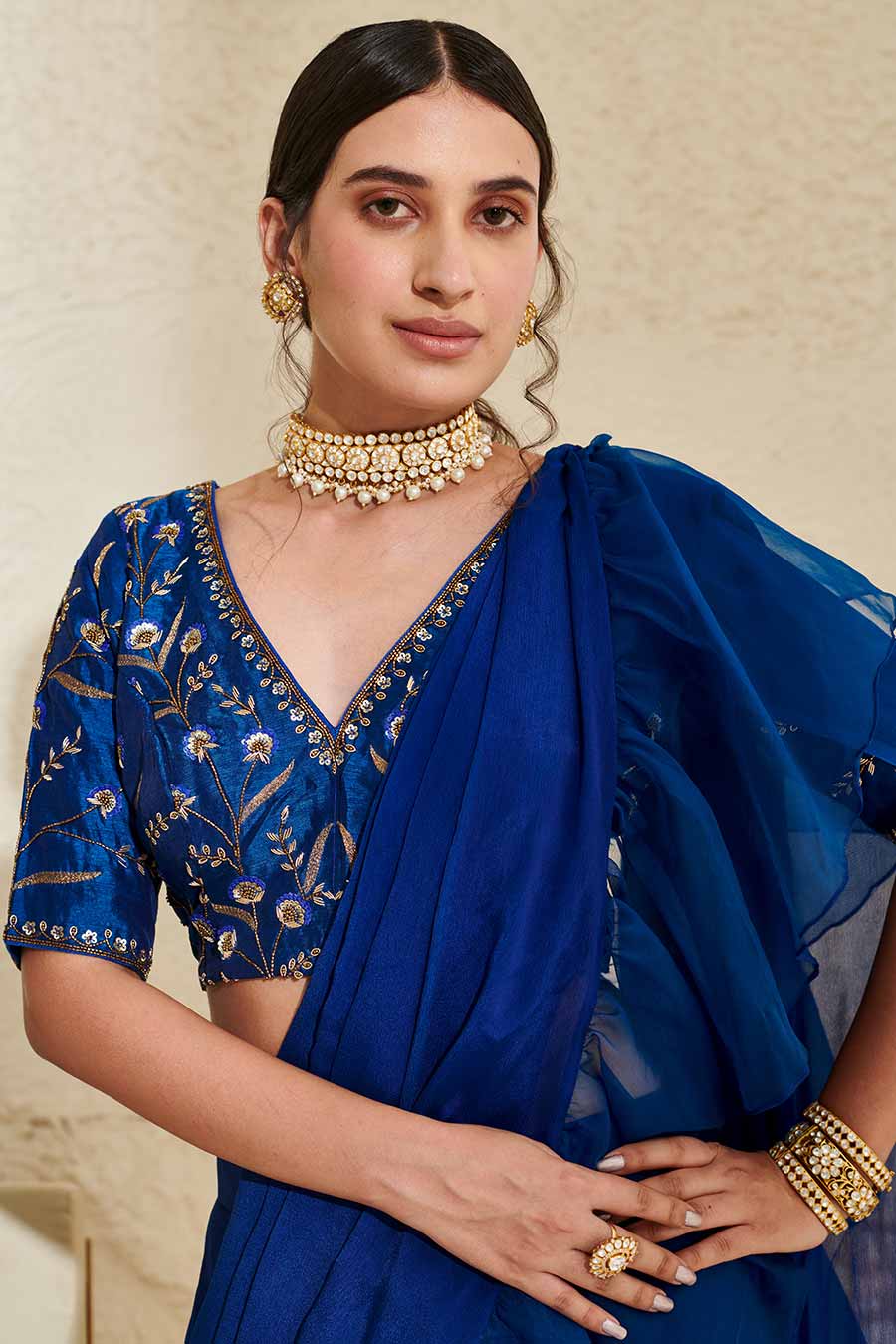 Blue Embroidered Blouse & Organza Ruffle Pre-Stitched Saree Set