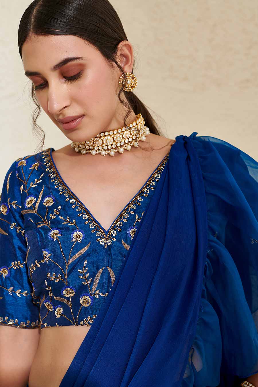 Blue Embroidered Blouse & Organza Ruffle Pre-Stitched Saree Set
