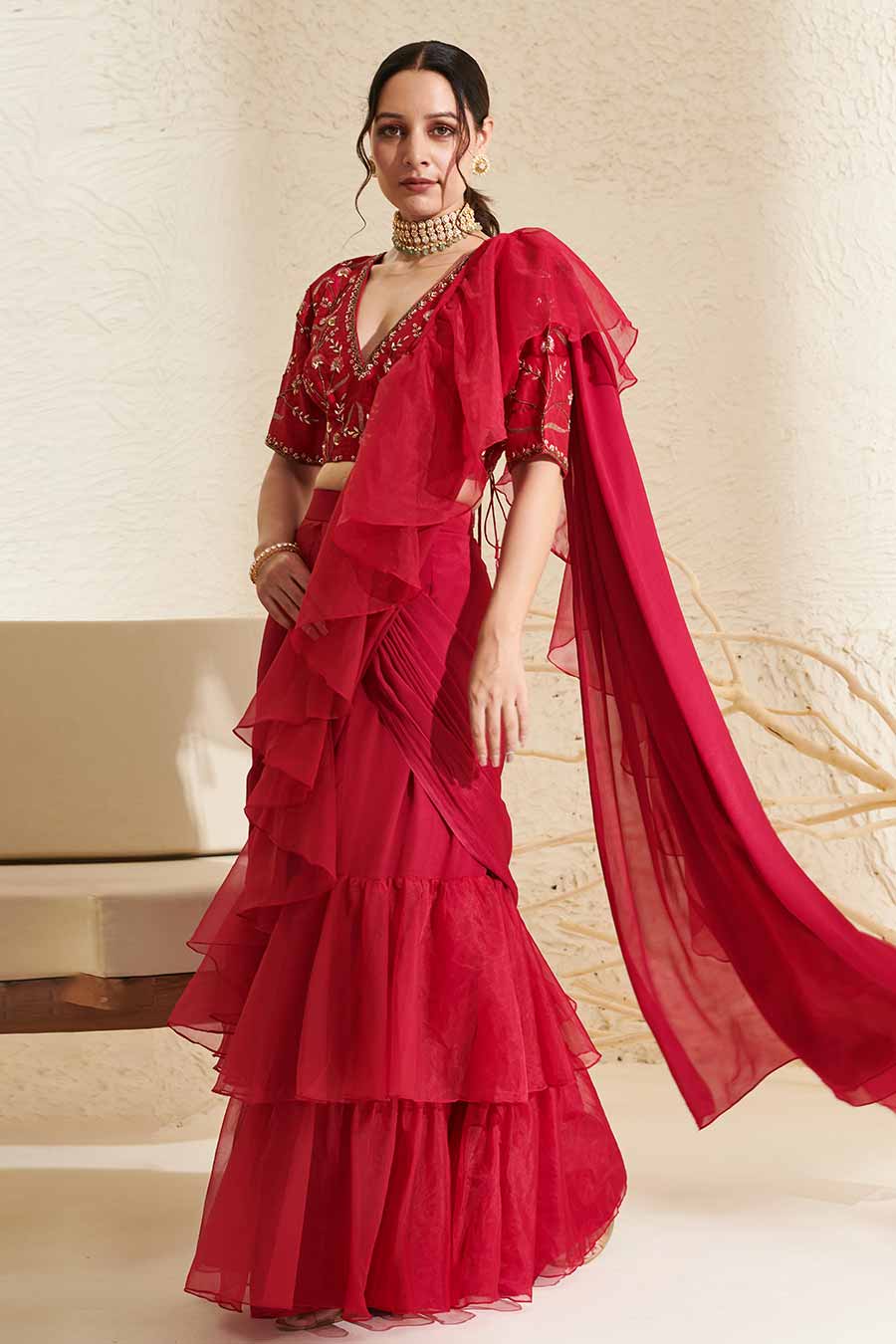 Magenta Embroidered Blouse & Organza Ruffle Pre-Stitched Saree Set
