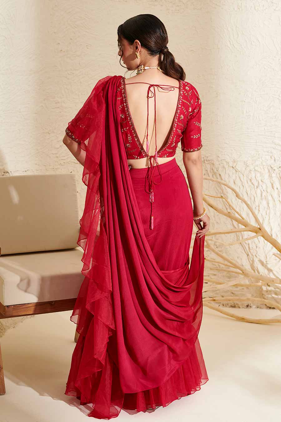 Magenta Embroidered Blouse & Organza Ruffle Pre-Stitched Saree Set