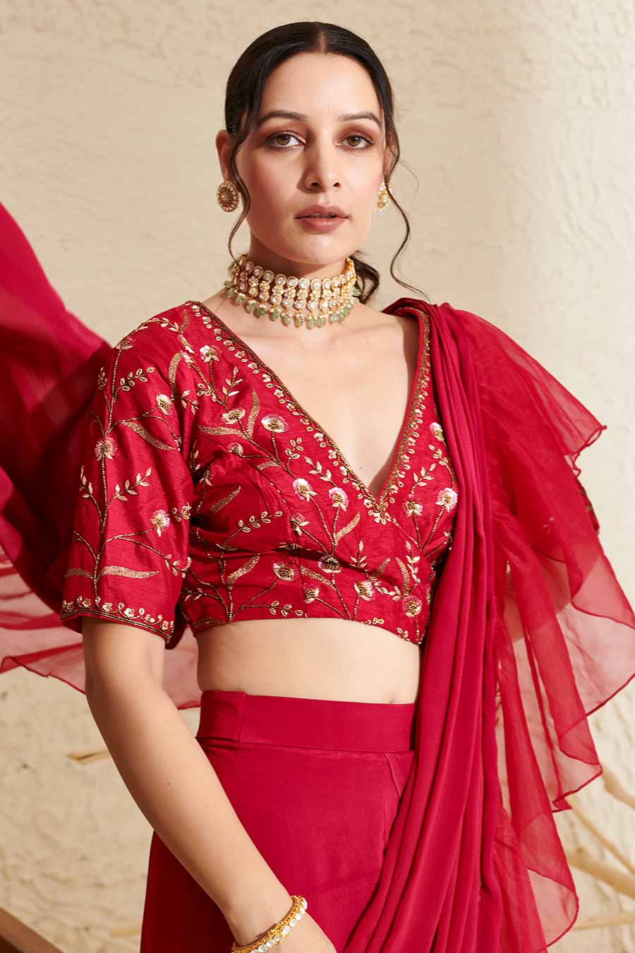 Magenta Embroidered Blouse & Organza Ruffle Pre-Stitched Saree Set