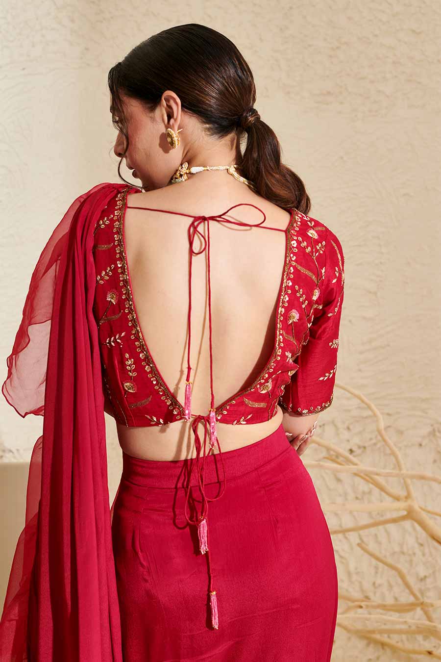 Magenta Embroidered Blouse & Organza Ruffle Pre-Stitched Saree Set
