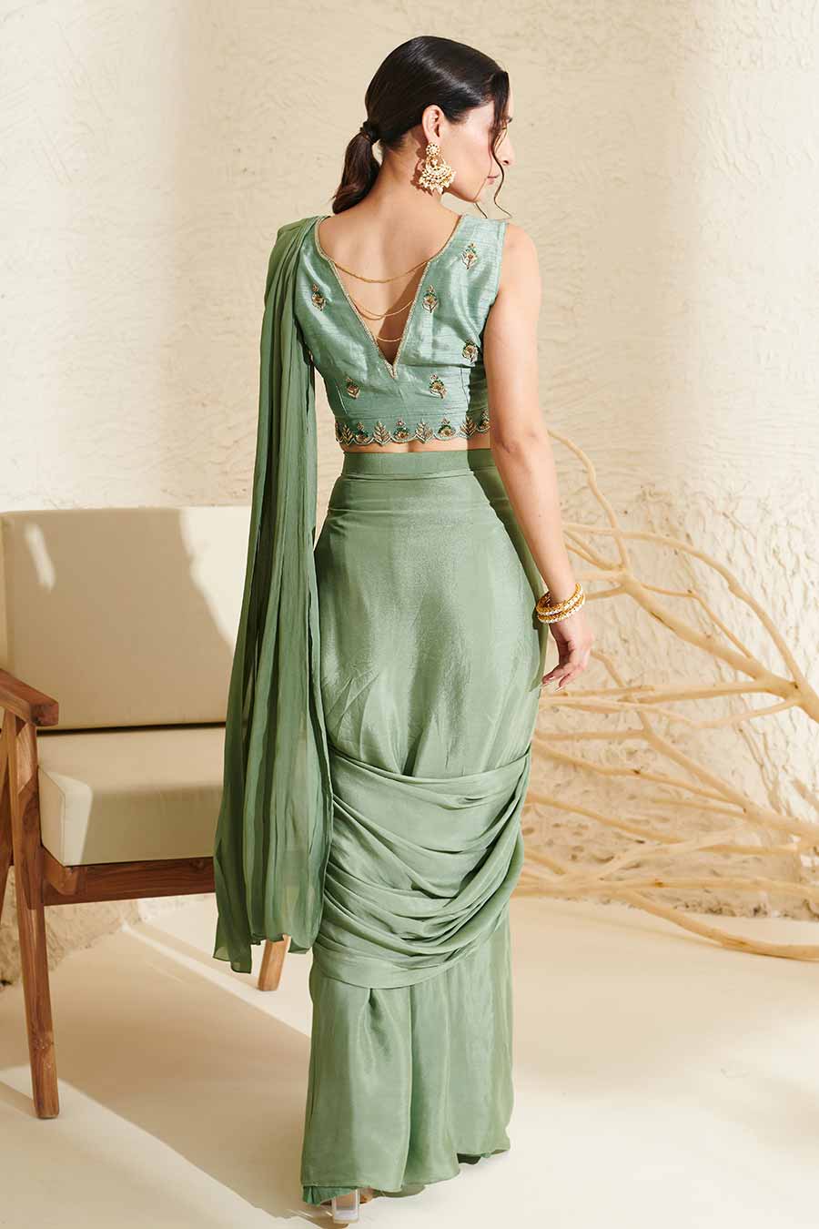 Sage Embroidered Blouse & Pleated Pre-Stitched Saree Set