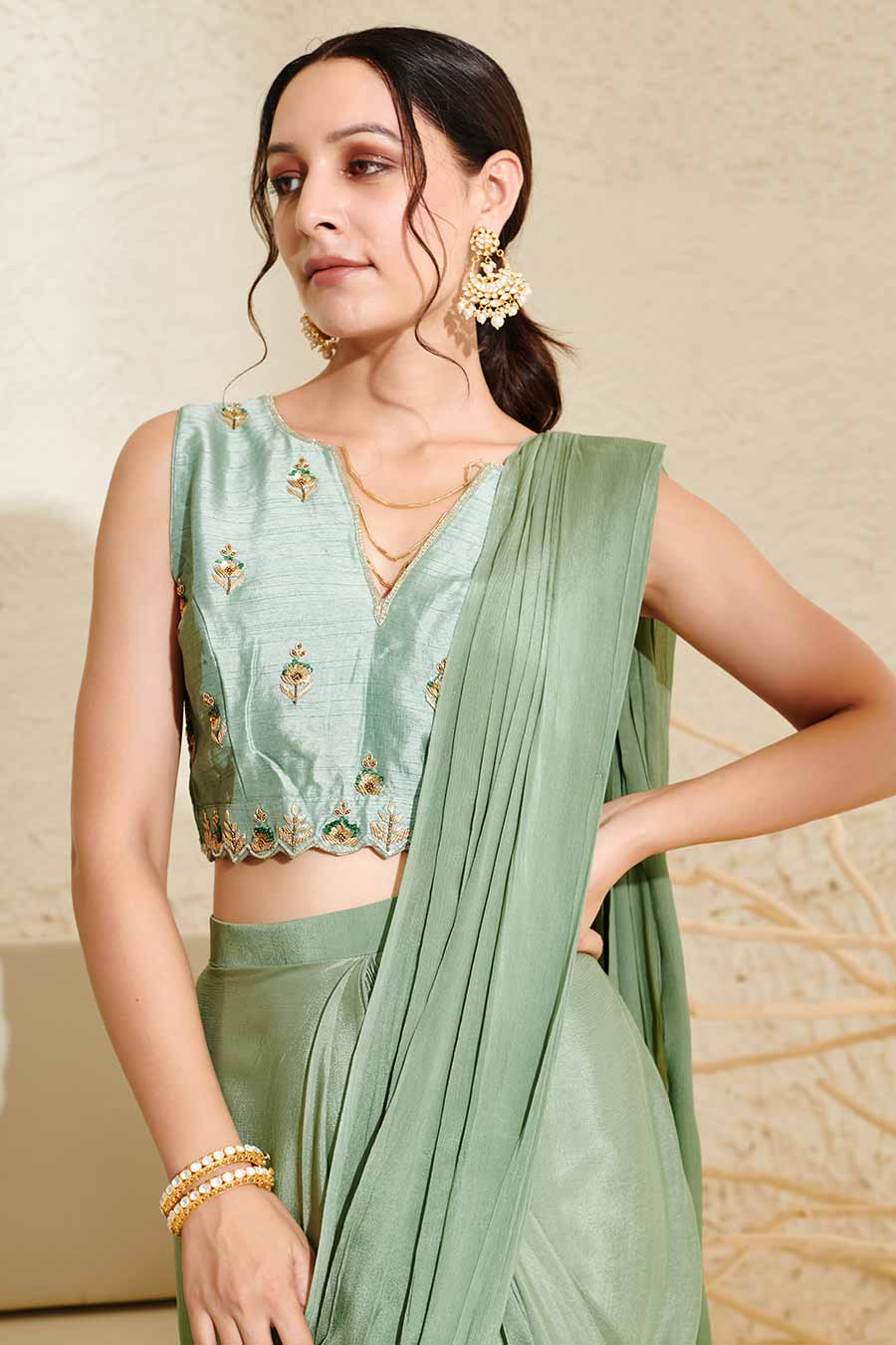 Sage Embroidered Blouse & Pleated Pre-Stitched Saree Set
