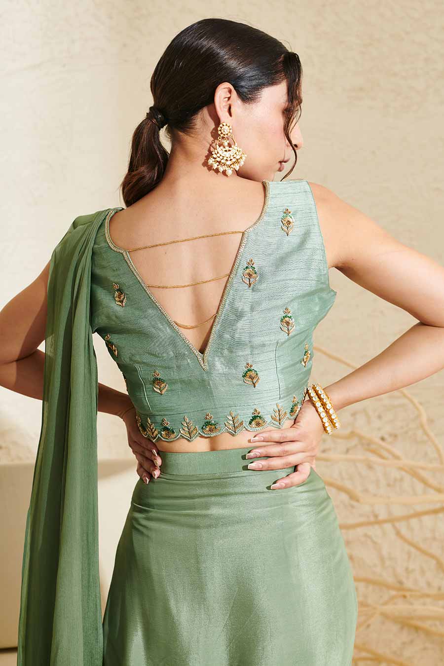 Sage Embroidered Blouse & Pleated Pre-Stitched Saree Set