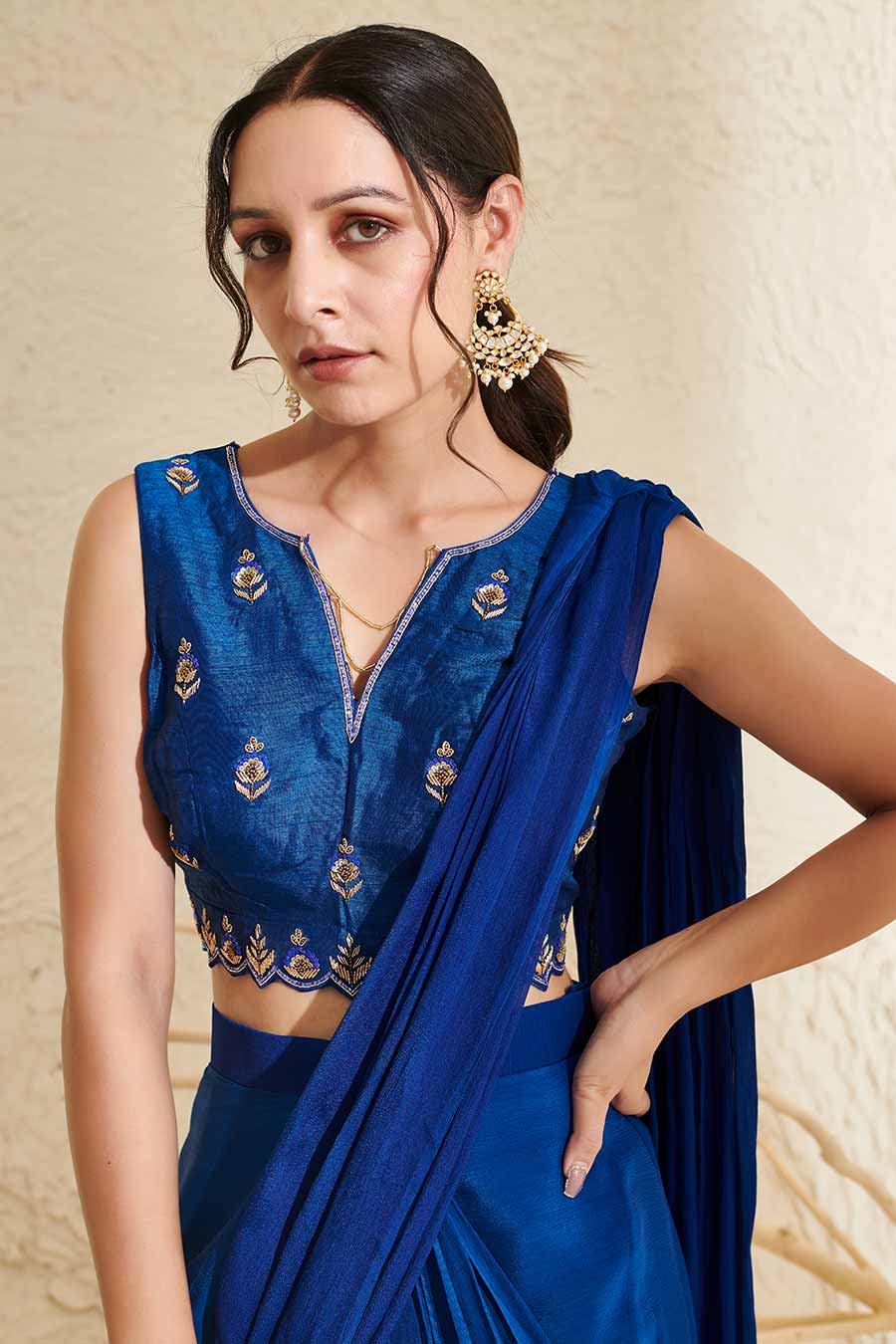 Blue Embroidered Blouse & Pleated Pre-Stitched Saree Set