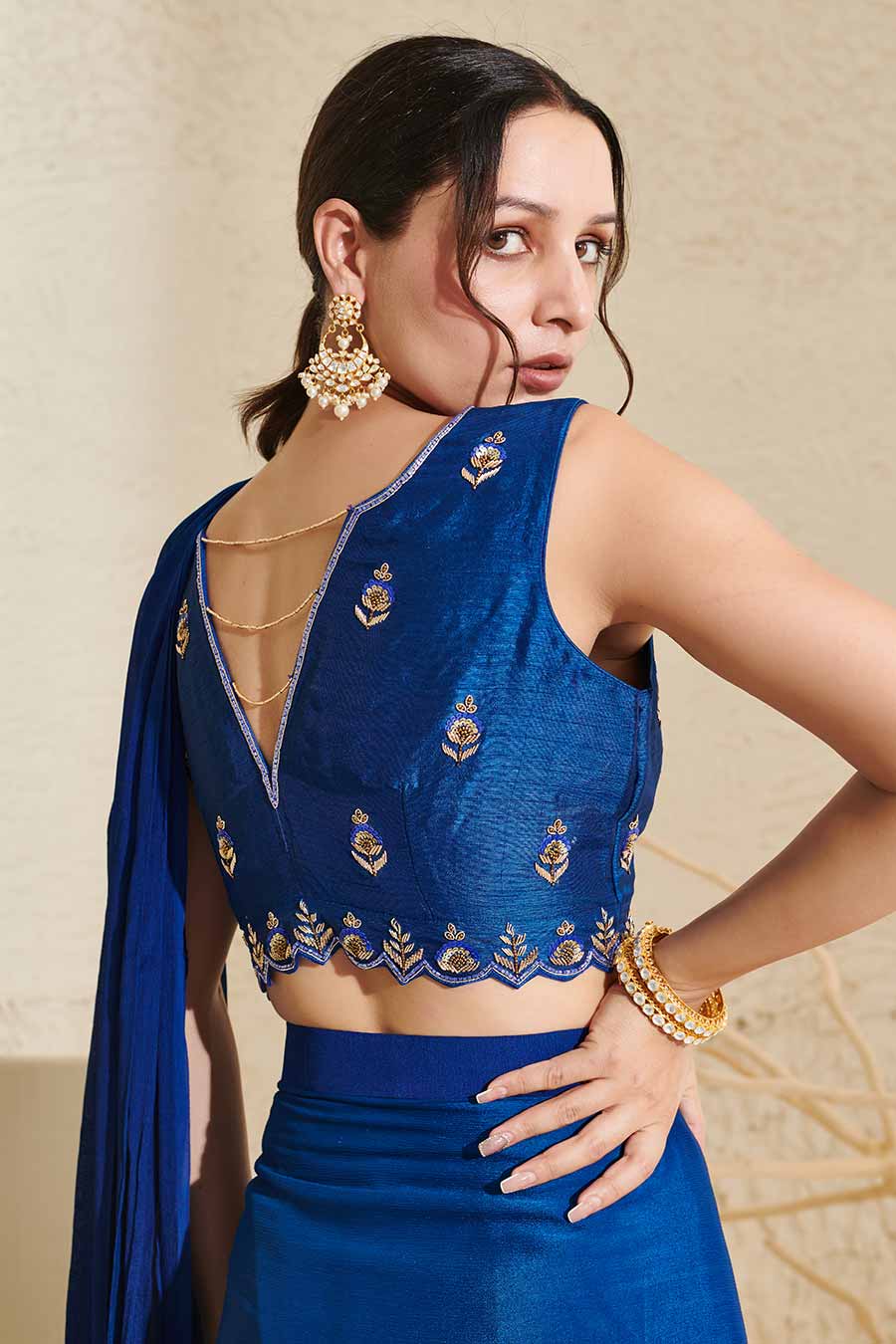 Blue Embroidered Blouse & Pleated Pre-Stitched Saree Set