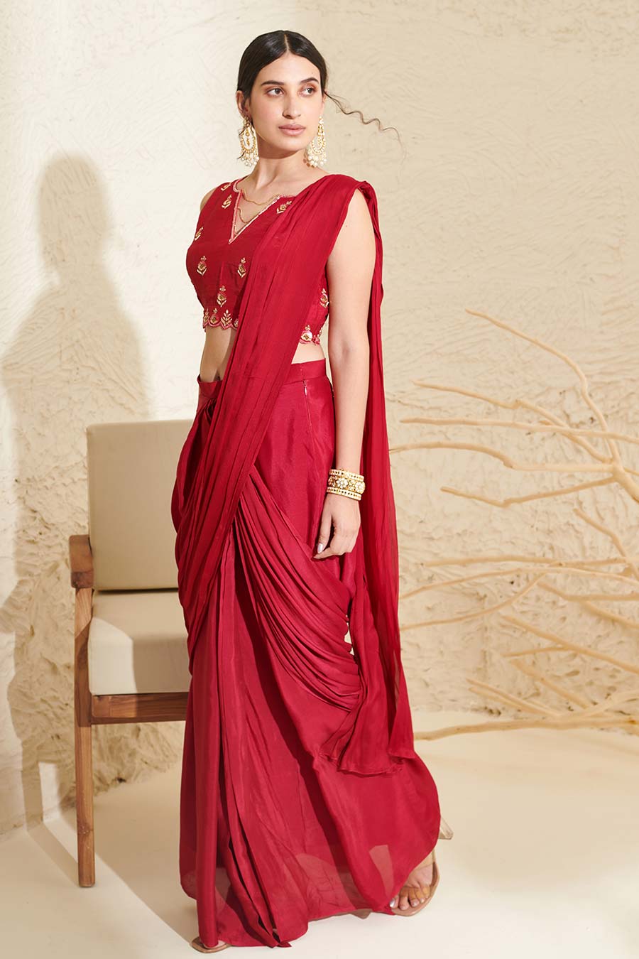 Magenta Embroidered Blouse & Pleated Pre-Stitched Saree Set