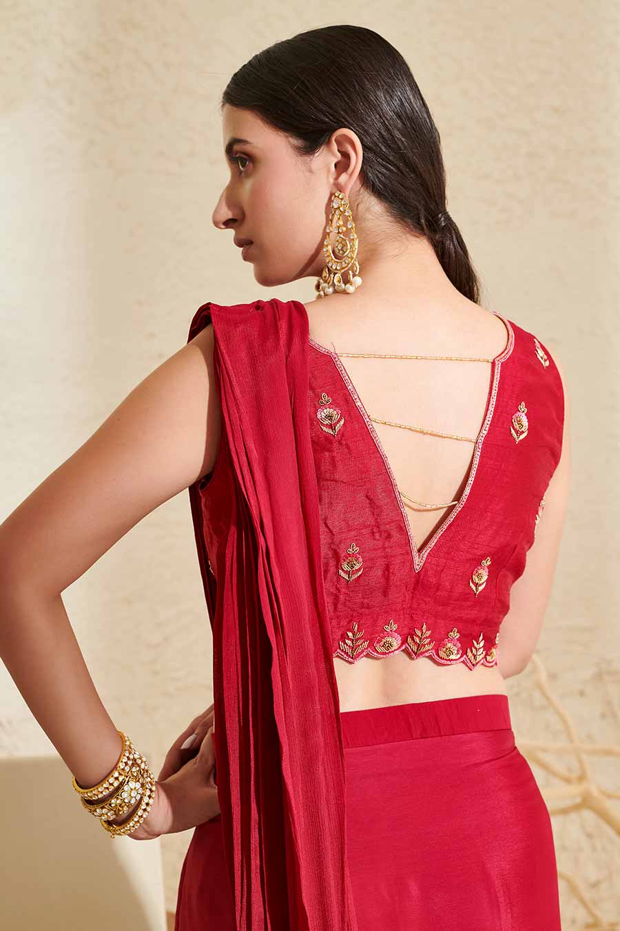 Magenta Embroidered Blouse & Pleated Pre-Stitched Saree Set