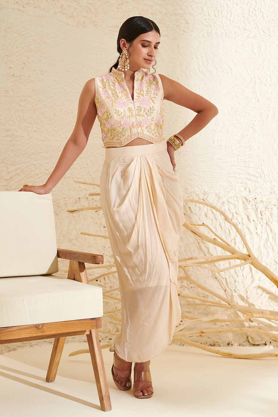 Ivory Embroidered Waistcoat & Draped Skirt Co-Ord Set