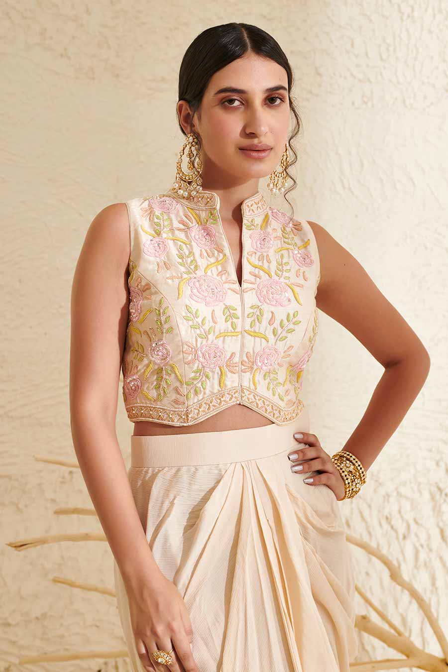 Ivory Embroidered Waistcoat & Draped Skirt Co-Ord Set