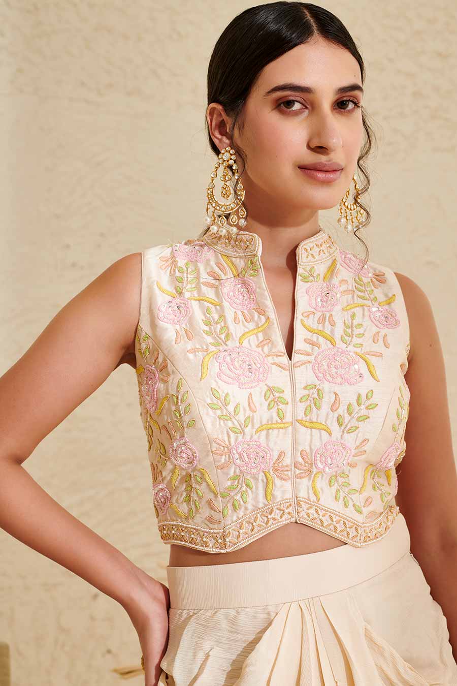 Ivory Embroidered Waistcoat & Draped Skirt Co-Ord Set