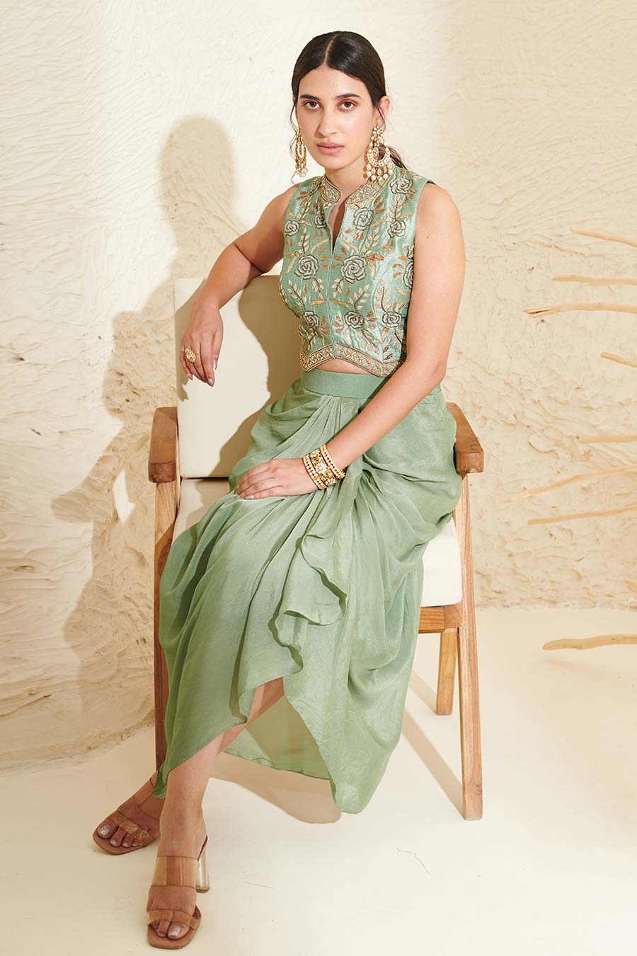 Sage Embroidered Waistcoat & Draped Skirt Co-Ord Set