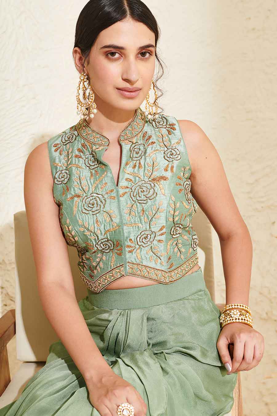 Sage Embroidered Waistcoat & Draped Skirt Co-Ord Set
