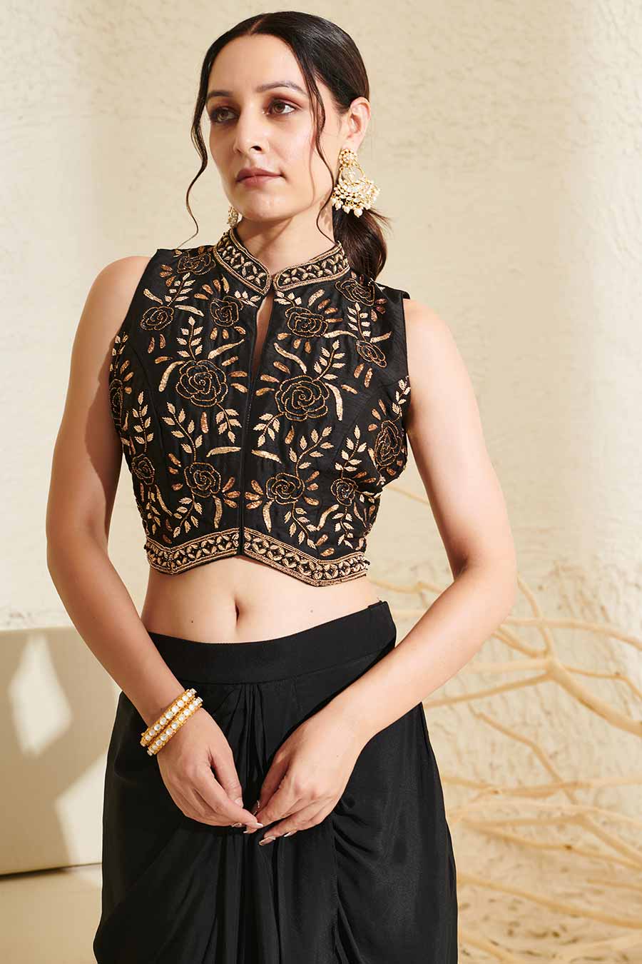 Black Embroidered Waistcoat & Draped Skirt Co-Ord Set