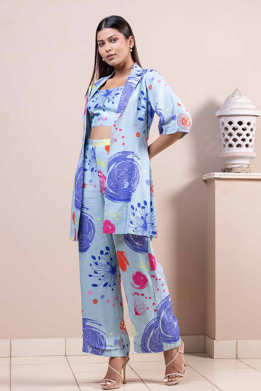 Blue Printed Co-Ord Set With Jacket