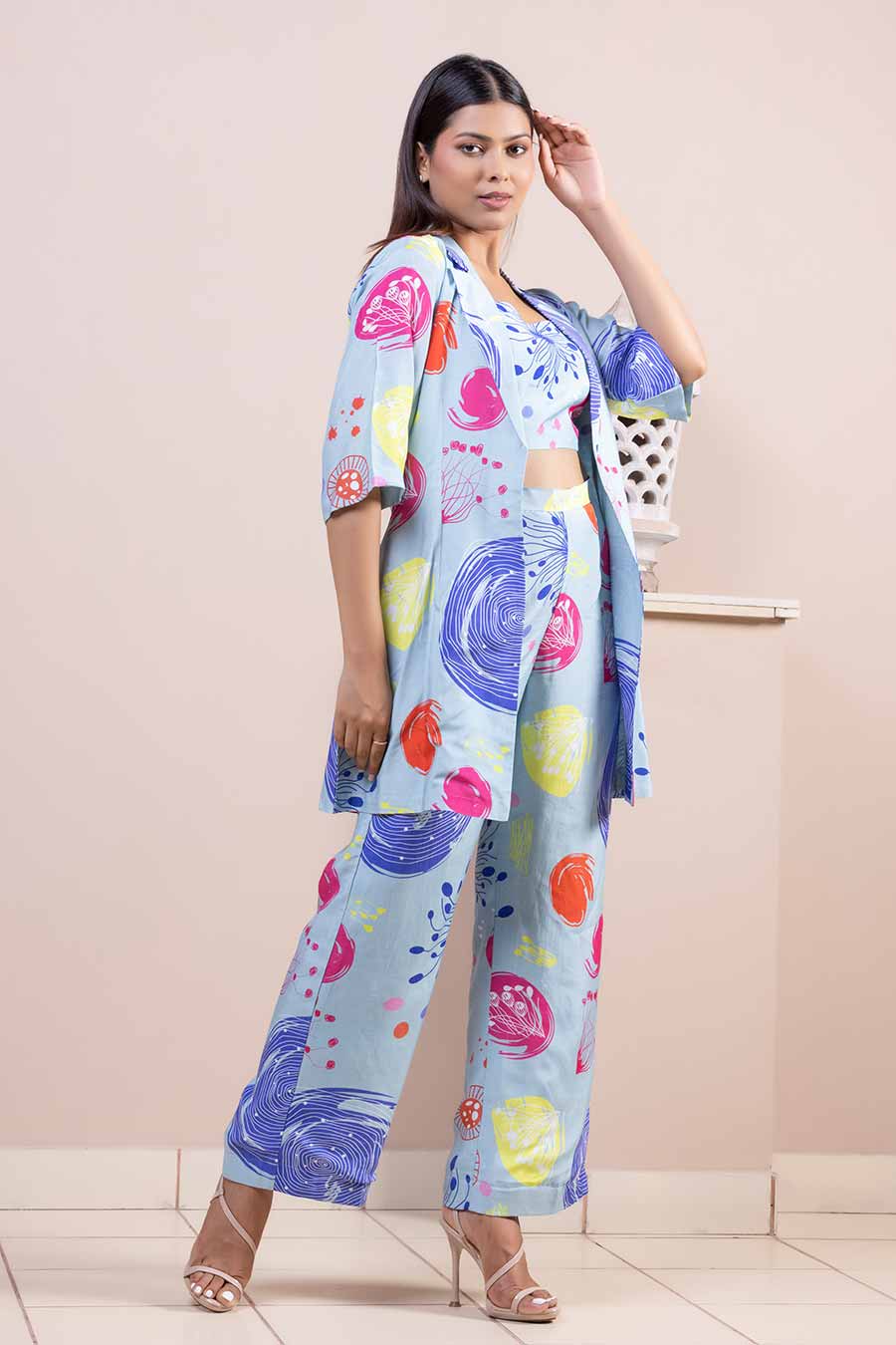 Blue Printed Co-Ord Set With Jacket
