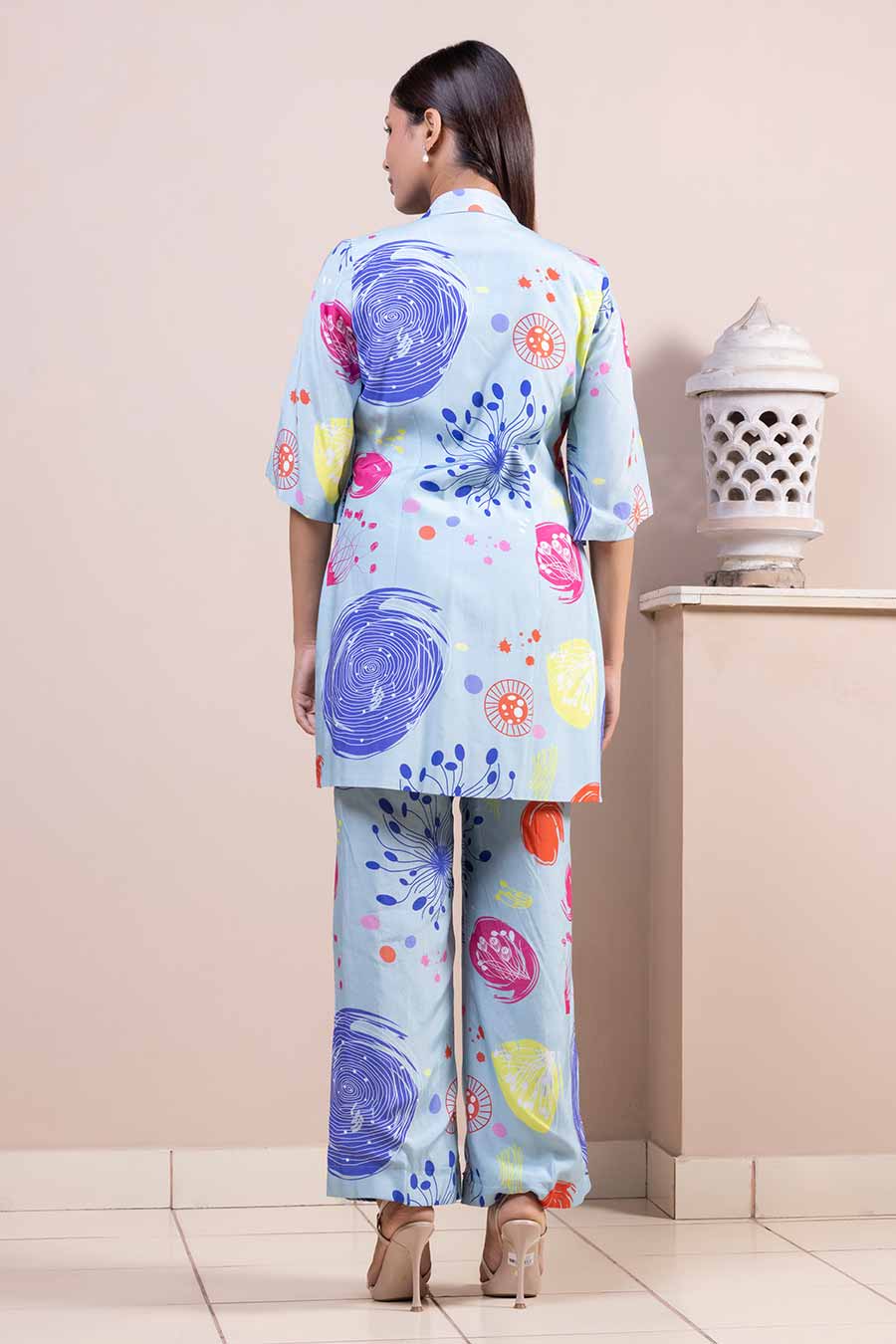 Blue Printed Co-Ord Set With Jacket