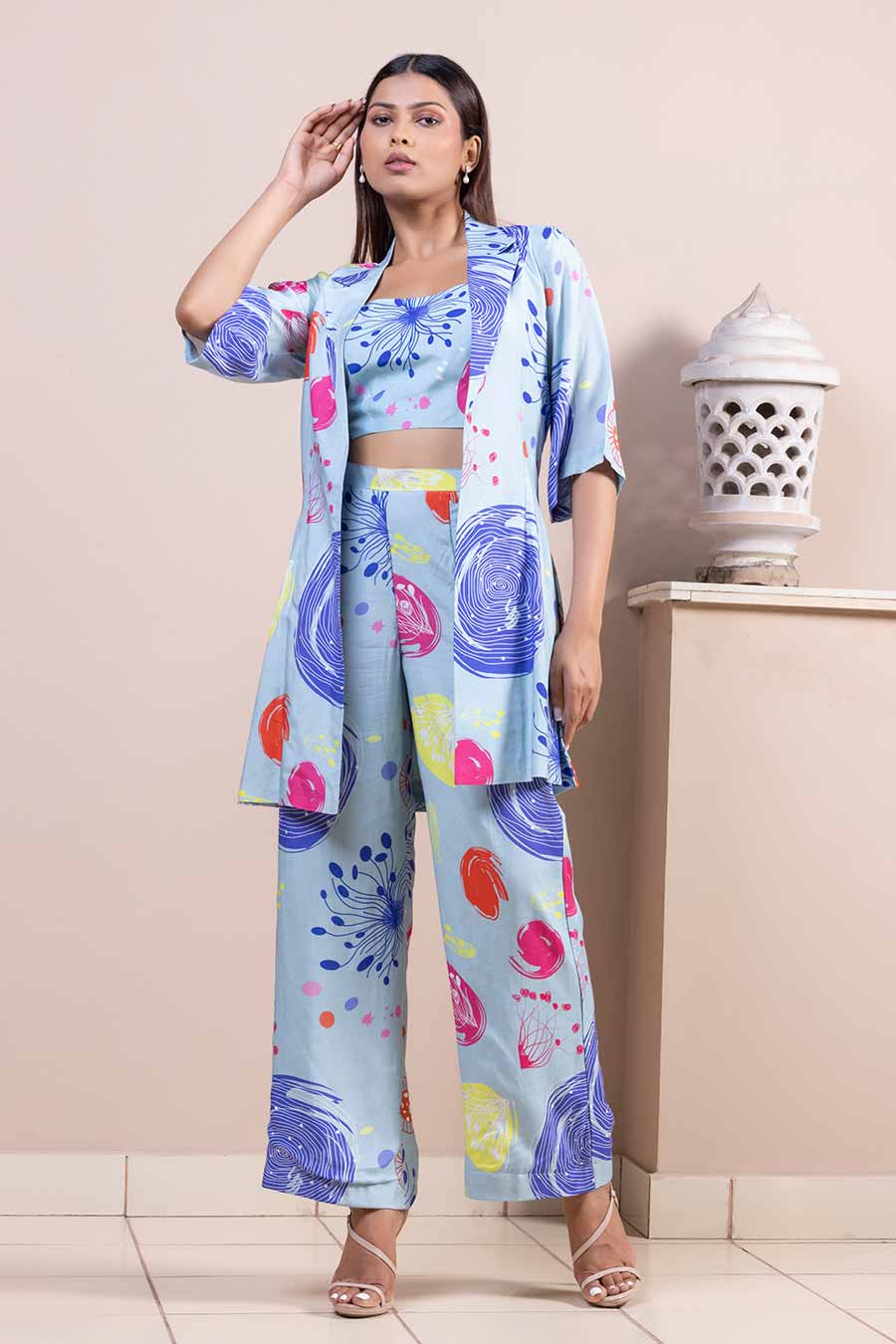 Blue Printed Co-Ord Set With Jacket