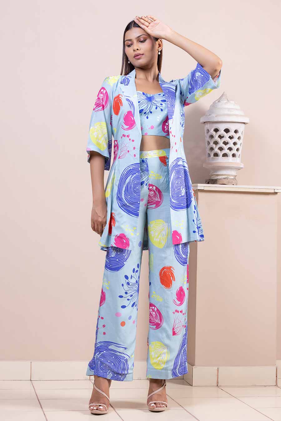 Blue Printed Co-Ord Set With Jacket