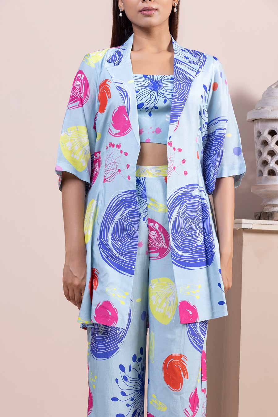Blue Printed Co-Ord Set With Jacket