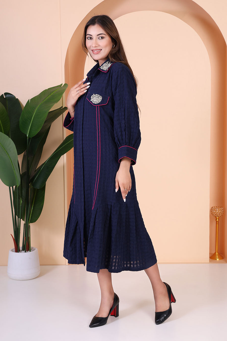 Blue Embellished Calf-Length Dress