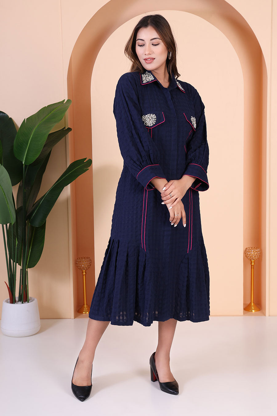 Blue Embellished Calf-Length Dress